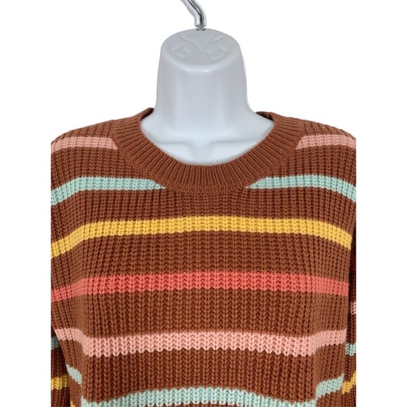 Striped Multicolor Ribbed Knit Sweater Brown Yellow Pink Blue Round Neck Medium - Picture 2 of 11